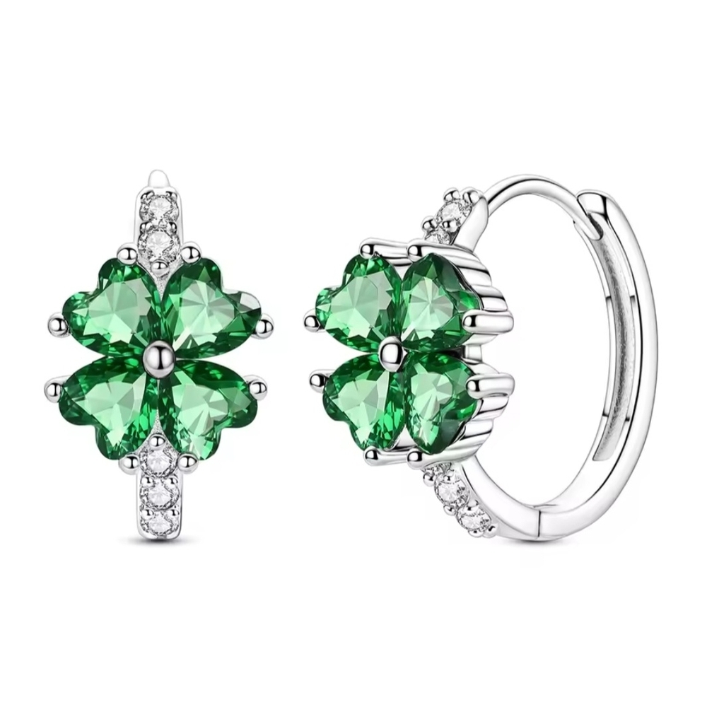 Emerald Green Clover Hoops Sterling Silver Earrings ☘️
